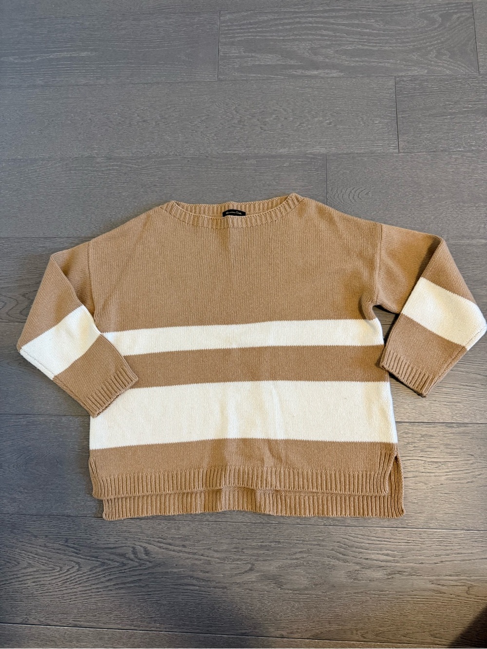 Massimo Dutti Striped Crewneck Sweater in Camel and White